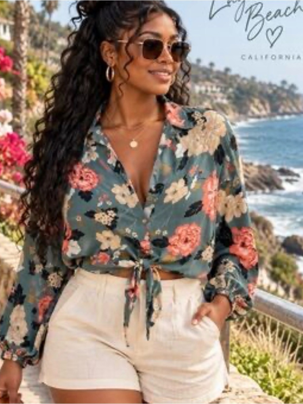 Billabong Blue Floral Tie-Front Blouse